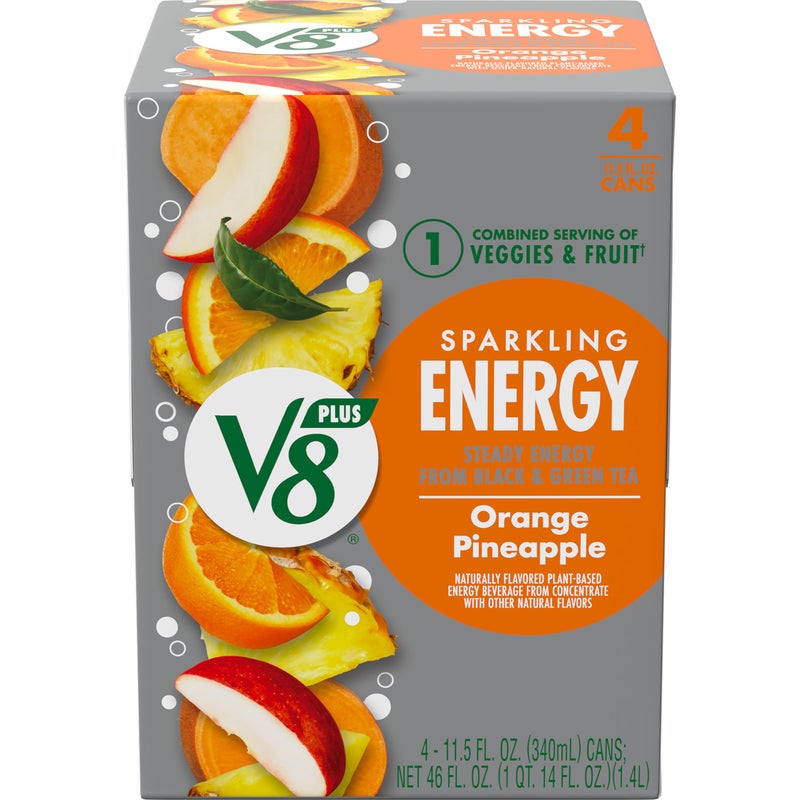V8 +Energy Sparkling Orange Pineapple Juice Energy Drink, 11.5 fl oz Can (4 Pack) - Image 1