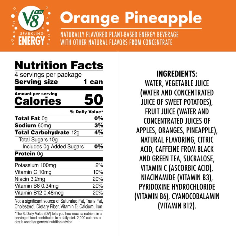 V8 +Energy Sparkling Orange Pineapple Juice Energy Drink, 11.5 fl oz Can (4 Pack) - Image 3
