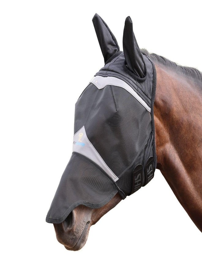 Shires FlyGuard Pro Fine Mesh Fly Mask with Ears & Nose - Cob Size | Lightweight Breathable Mesh Fly & Insect Protection | Secure Fit for Turnout, Grazing & Stable Use | Jet Colour - Image 1