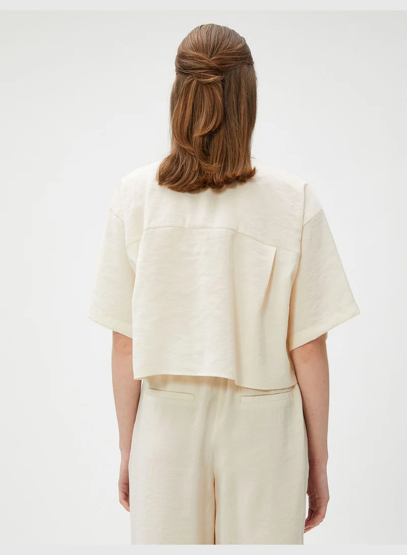 كوتون Oversized Crop Shirt Pocket Short Sleeve Modal Blended