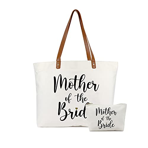 Lamyba Mother of the Bride Gifts,Mother of the Bride Tote Bag With Makeup Bag,Bridal Shower Gifts,Top Zipper Closure Canvas White - Image 1