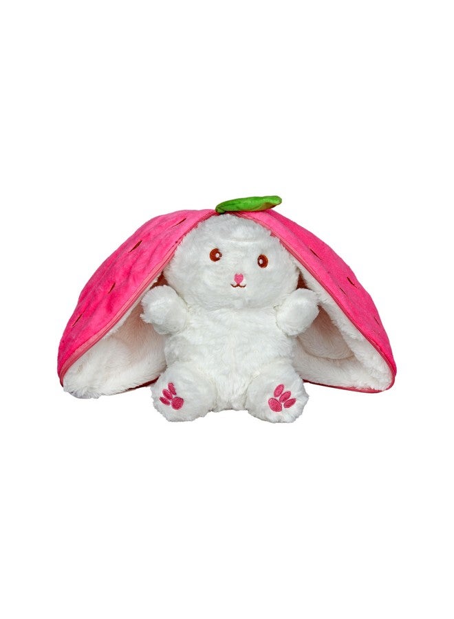 Adorable White Furry Bunny Plush, Soft and Cuddly, with Pink Ears and Strawberry Backpack, 25 cm  - Image 1