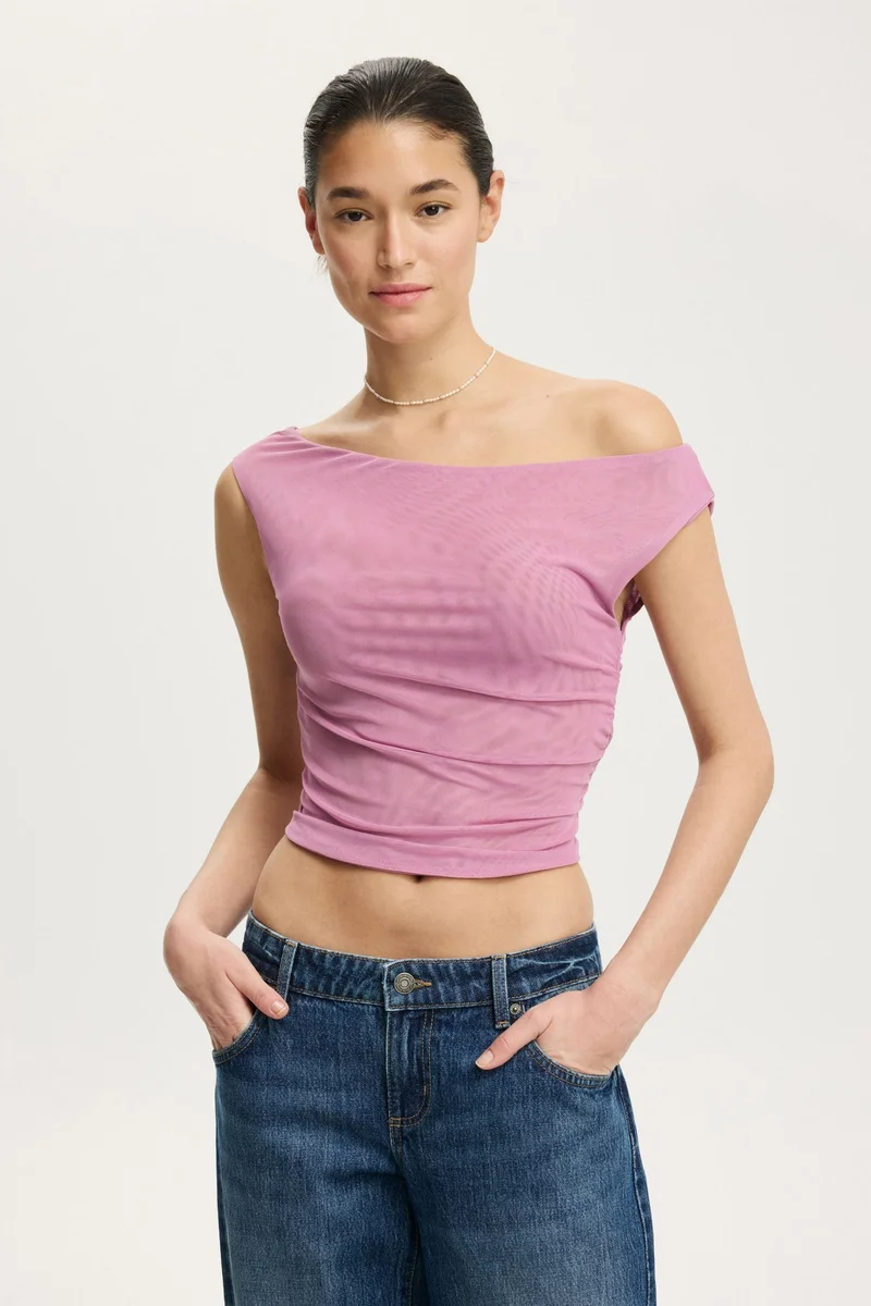 GATHERED MESH OFF SHOULDER TOP