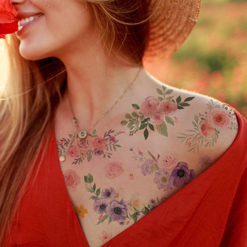 Everjoy Flowers Temporary Tattoos Stickers Watercolor Roses Peony Daisy Botanical Body Art Fake Tattoos for Women Girls and Kids  20 Pcs