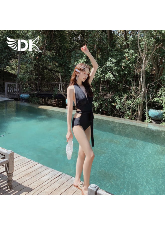Dkdk One-piece Swimsuit For Women, New Slimming Style For Hot Springs, Beach Vacation, High-end Feel, Black, M - Image 1