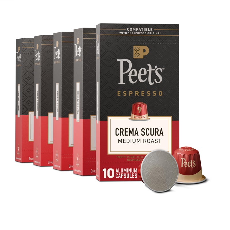 Peet's Coffee Peets Coffee Medium Roast Espresso Capsules Compatible with Nespresso Original Machine 100 Arabica Coffee  Crema Scura Intensity 9 50 Count 5 Boxes of 10 Espresso Capsules - Image 3
