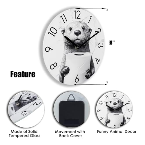 Crosstime Bathroom Wall Clock Modern Style Waterproof Glass Clock for Bathroom, Shower Wall Decor - 8 Inch,Toilet Paper in Little Funny Otter's Hand Animal Theme - Image 3