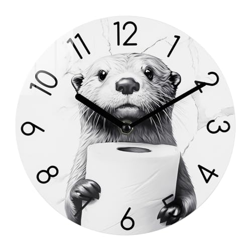 Crosstime Bathroom Wall Clock Modern Style Waterproof Glass Clock for Bathroom, Shower Wall Decor - 8 Inch,Toilet Paper in Little Funny Otter's Hand Animal Theme - Image 1