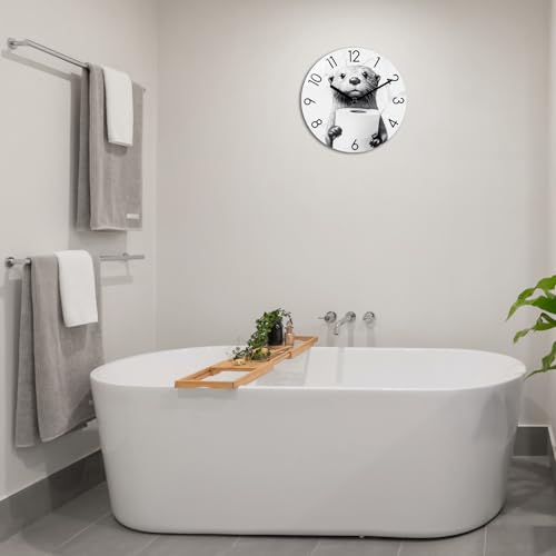 Crosstime Bathroom Wall Clock Modern Style Waterproof Glass Clock for Bathroom, Shower Wall Decor - 8 Inch,Toilet Paper in Little Funny Otter's Hand Animal Theme - Image 5