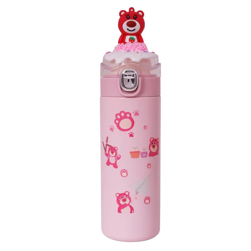 CherryBox Stainless Steel Water Bottle Classy 3D Red Bear Top Flask Gift for Kids Boys and Girls 400 ML DIY Stickers Included Pink - Image 1