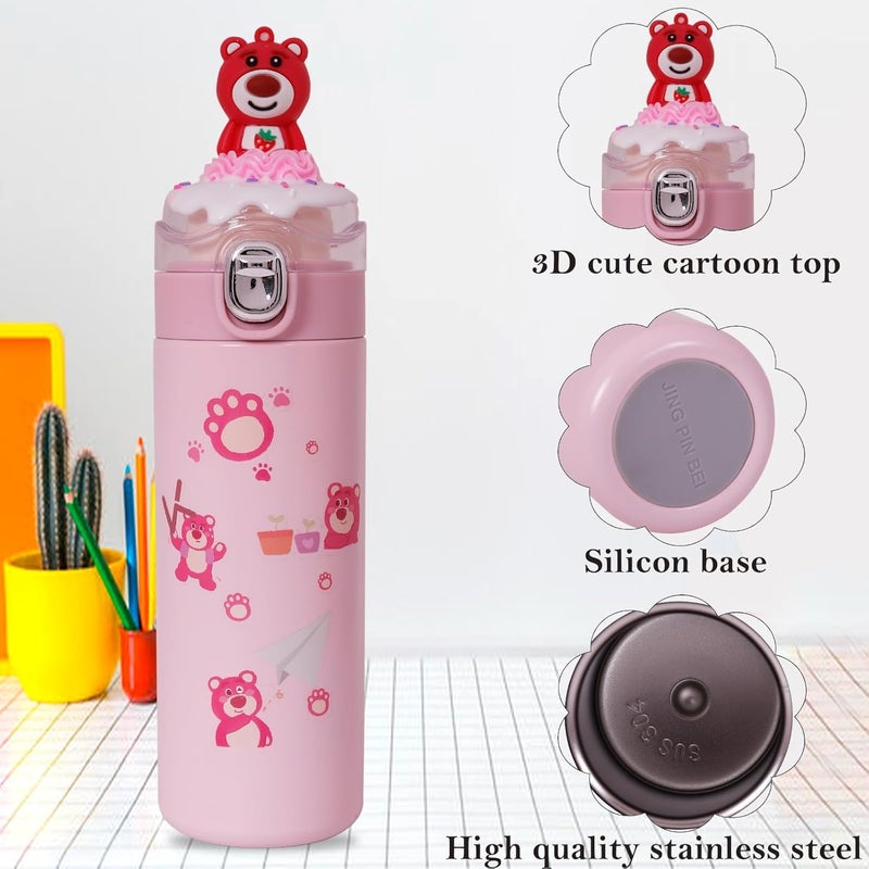 CherryBox Stainless Steel Water Bottle Classy 3D Red Bear Top Flask Gift for Kids Boys and Girls 400 ML DIY Stickers Included Pink - Image 2