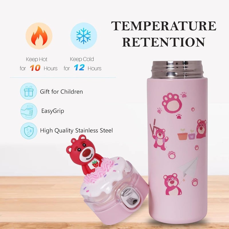 CherryBox Stainless Steel Water Bottle Classy 3D Red Bear Top Flask Gift for Kids Boys and Girls 400 ML DIY Stickers Included Pink - Image 3
