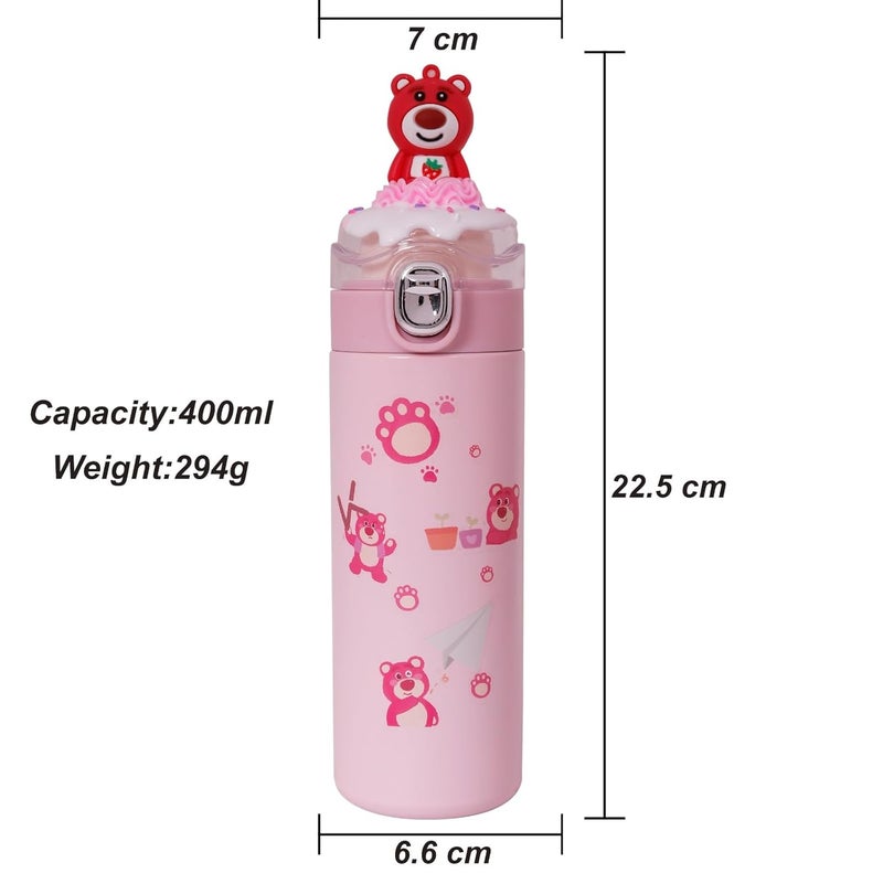 CherryBox Stainless Steel Water Bottle Classy 3D Red Bear Top Flask Gift for Kids Boys and Girls 400 ML DIY Stickers Included Pink - Image 5