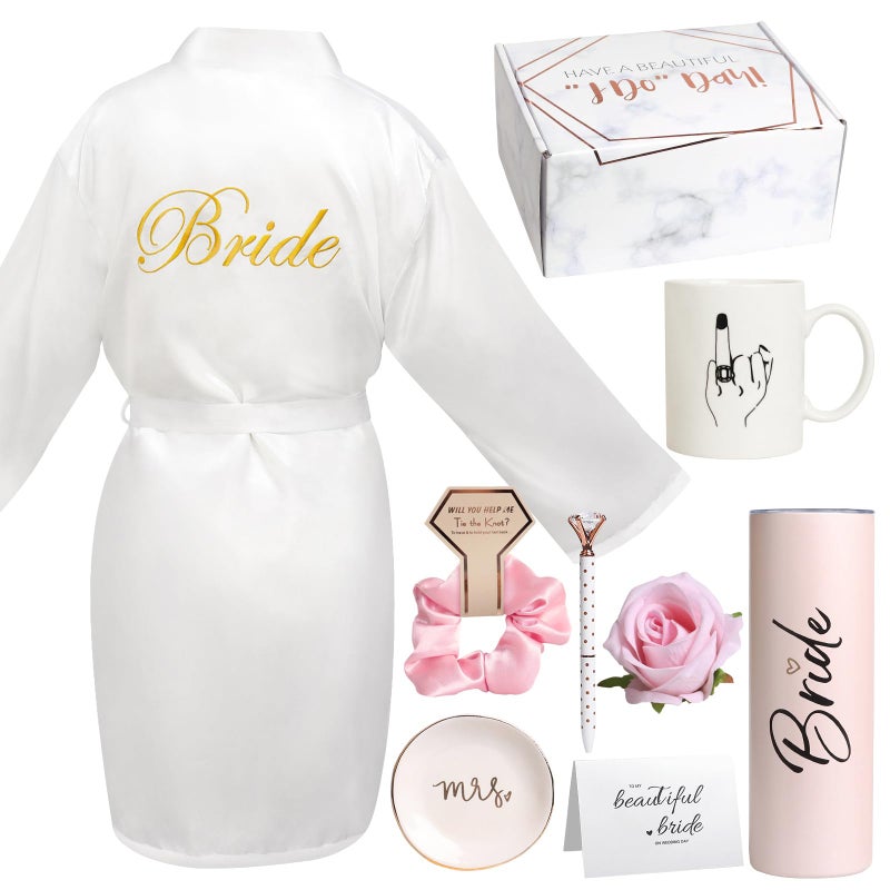 Frerdui 8Pcs Bridal Shower Gift, Bride to Be Gifts, Bridal Shower Gifts for Bride to Be, Gift Box Sets Bridal Silk Robes Tumbler Cup Mug Jewelry Tray, Wedding Engagement Gift for her(M) - Image 1
