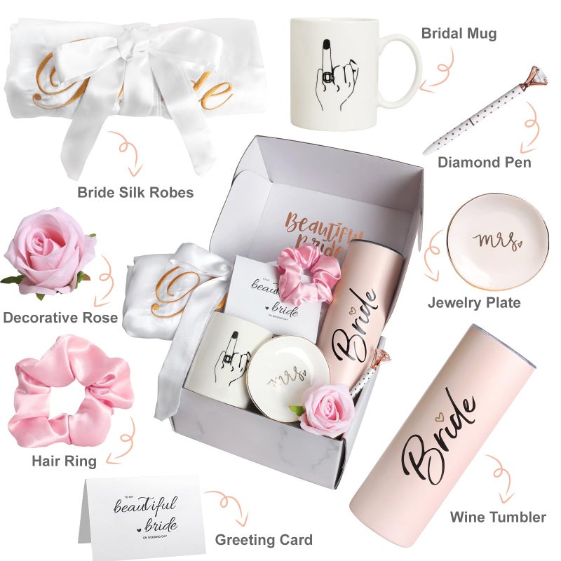 Frerdui 8Pcs Bridal Shower Gift, Bride to Be Gifts, Bridal Shower Gifts for Bride to Be, Gift Box Sets Bridal Silk Robes Tumbler Cup Mug Jewelry Tray, Wedding Engagement Gift for her(M) - Image 2