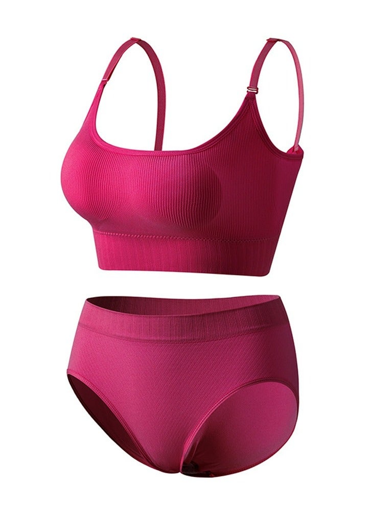 Loquat Women's Solid Color Sport Fitness Lingerie Set 2-piece Seamless Wireless Adjustable Shoulders Vest Bra+Low Waist Briefs Sport Suit Rose Pink 