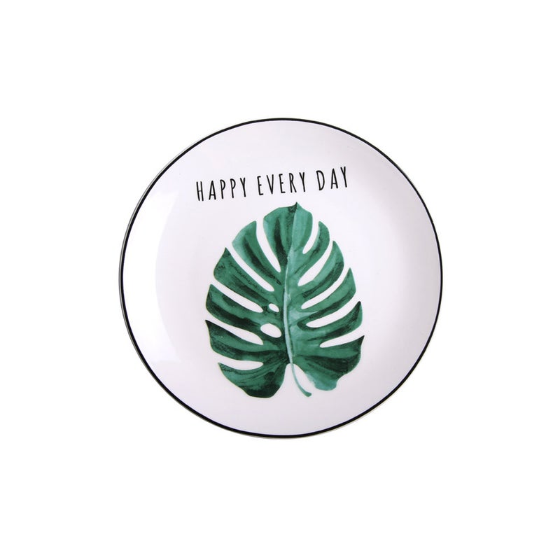 8 Inches Round Dish Adorable Ceramic Plate Hawaii Style Tableware Fruit Plate Simple Dish Plate (Monstera) - Image 2
