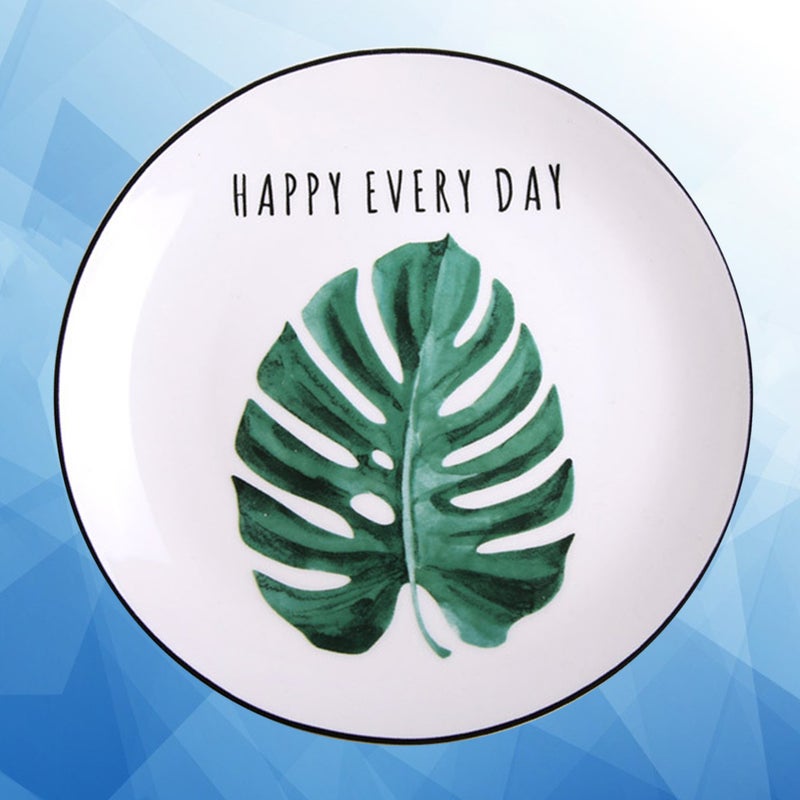 8 Inches Round Dish Adorable Ceramic Plate Hawaii Style Tableware Fruit Plate Simple Dish Plate (Monstera) - Image 1