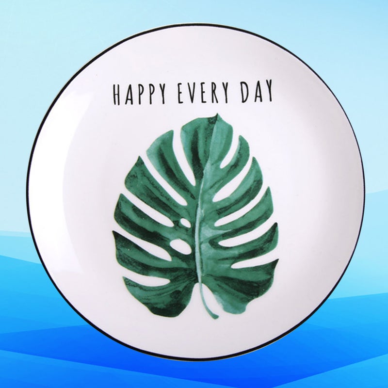 8 Inches Round Dish Adorable Ceramic Plate Hawaii Style Tableware Fruit Plate Simple Dish Plate (Monstera) - Image 5