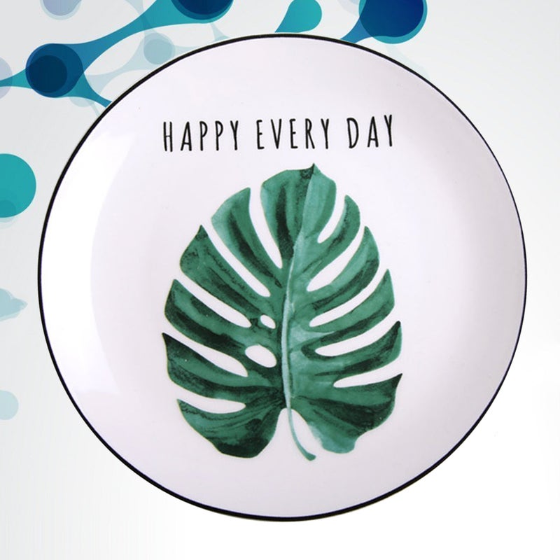 8 Inches Round Dish Adorable Ceramic Plate Hawaii Style Tableware Fruit Plate Simple Dish Plate (Monstera) - Image 3