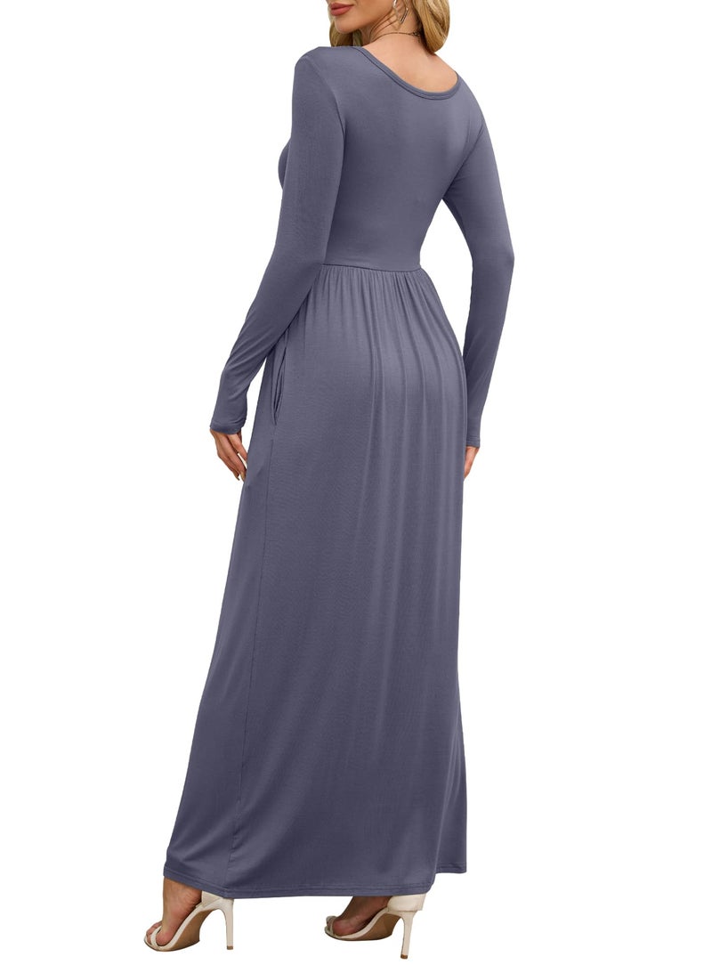 DEARCASE Maxi Dress for Women Purple Gray Small Round Neck Long Sleeves Wedding Guest A-line Plain Casual Empire Waist Flowy Party Vintage Spring Fall Winter Floor Dresses with Pocket - Image 2