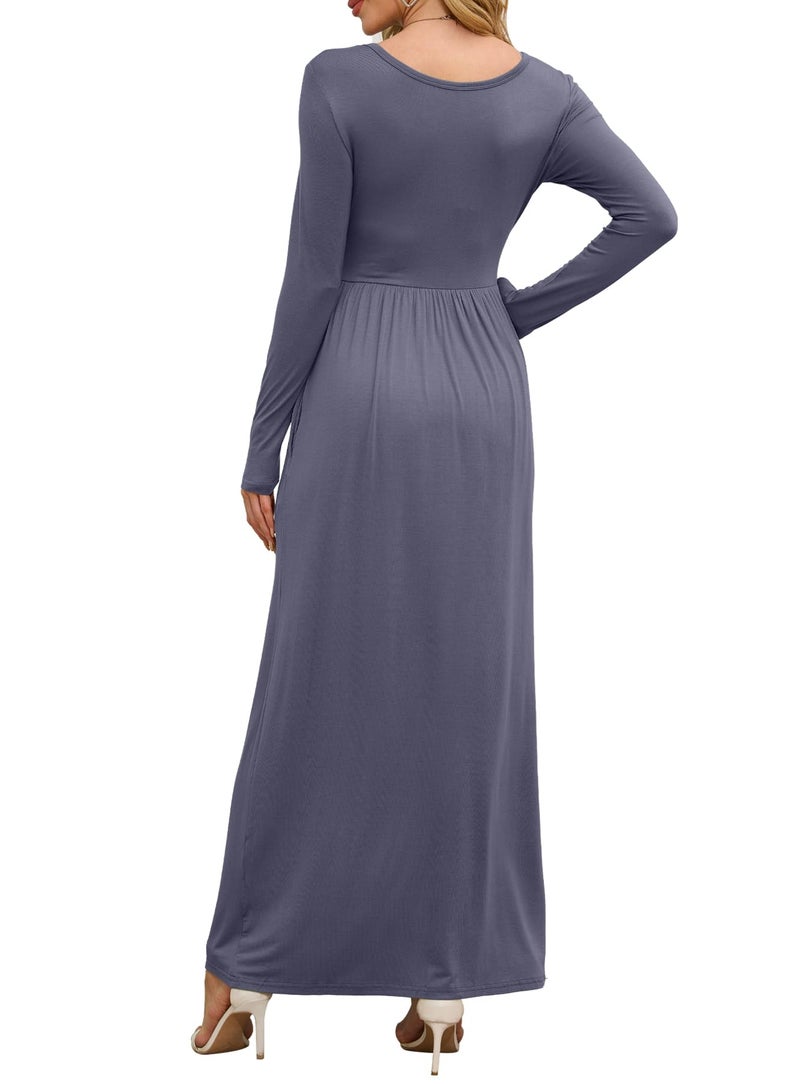 DEARCASE Maxi Dress for Women Purple Gray Small Round Neck Long Sleeves Wedding Guest A-line Plain Casual Empire Waist Flowy Party Vintage Spring Fall Winter Floor Dresses with Pocket - Image 3
