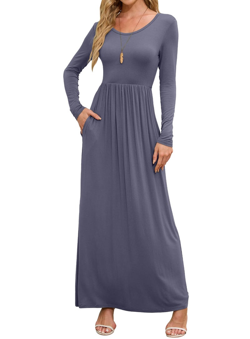 DEARCASE Maxi Dress for Women Purple Gray Small Round Neck Long Sleeves Wedding Guest A-line Plain Casual Empire Waist Flowy Party Vintage Spring Fall Winter Floor Dresses with Pocket - Image 1