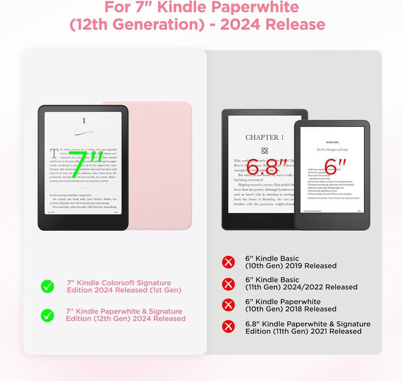 SESENSE Detachable Magnetic Case for 7'' Kindle Paperwhite 12th Gen 2024 and Kindle Colorsoft Signature Edition, Slim PU Shell Cover Case with Auto Wake/Sleep, Pink - Image 2