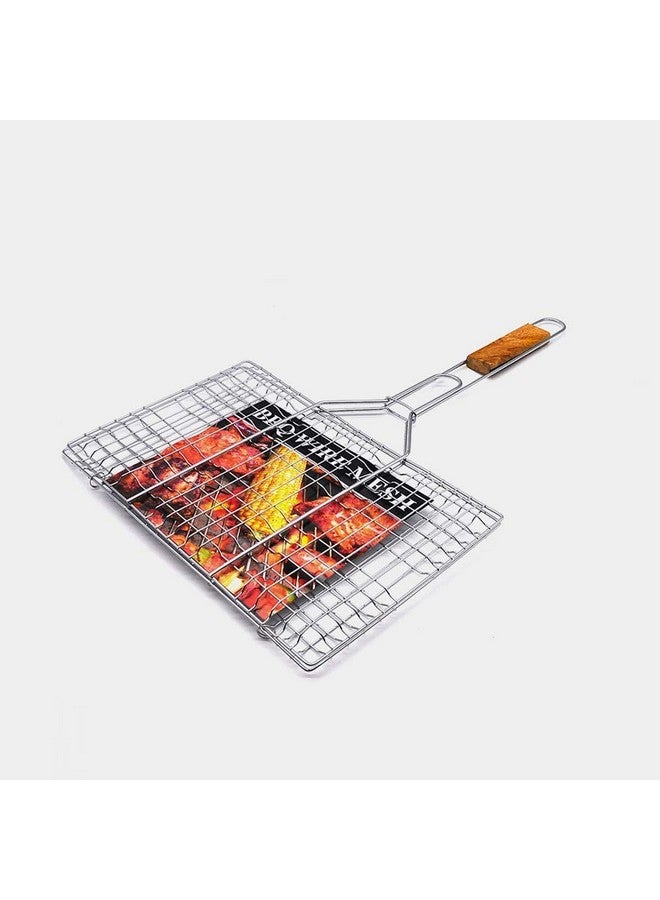 EMNDR شبكة شواء باربكيو مطلية بالكروم من إيمندر للأسماك والخضروات والستيك والجمبري والقطع الغذائية الأخرى مع مقبض خشبي - Image 2