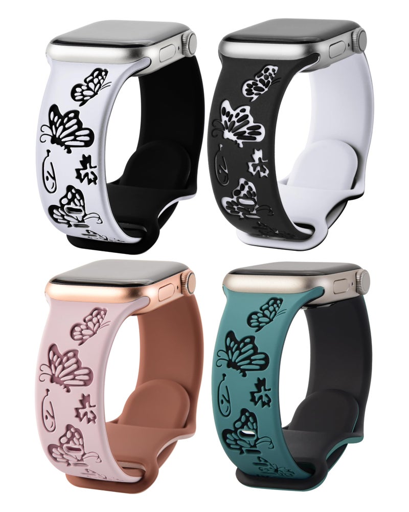 Fullmosa 4 Pack Engraved Silicone Bands Compatible with Apple Watch Series 10/9/8/7/6/5/4/3/2/1 SE/Ultra 2 – Elegant Flower Pattern Replacement Straps (49/46/45/44/42/41/40/38mm) - Image 1