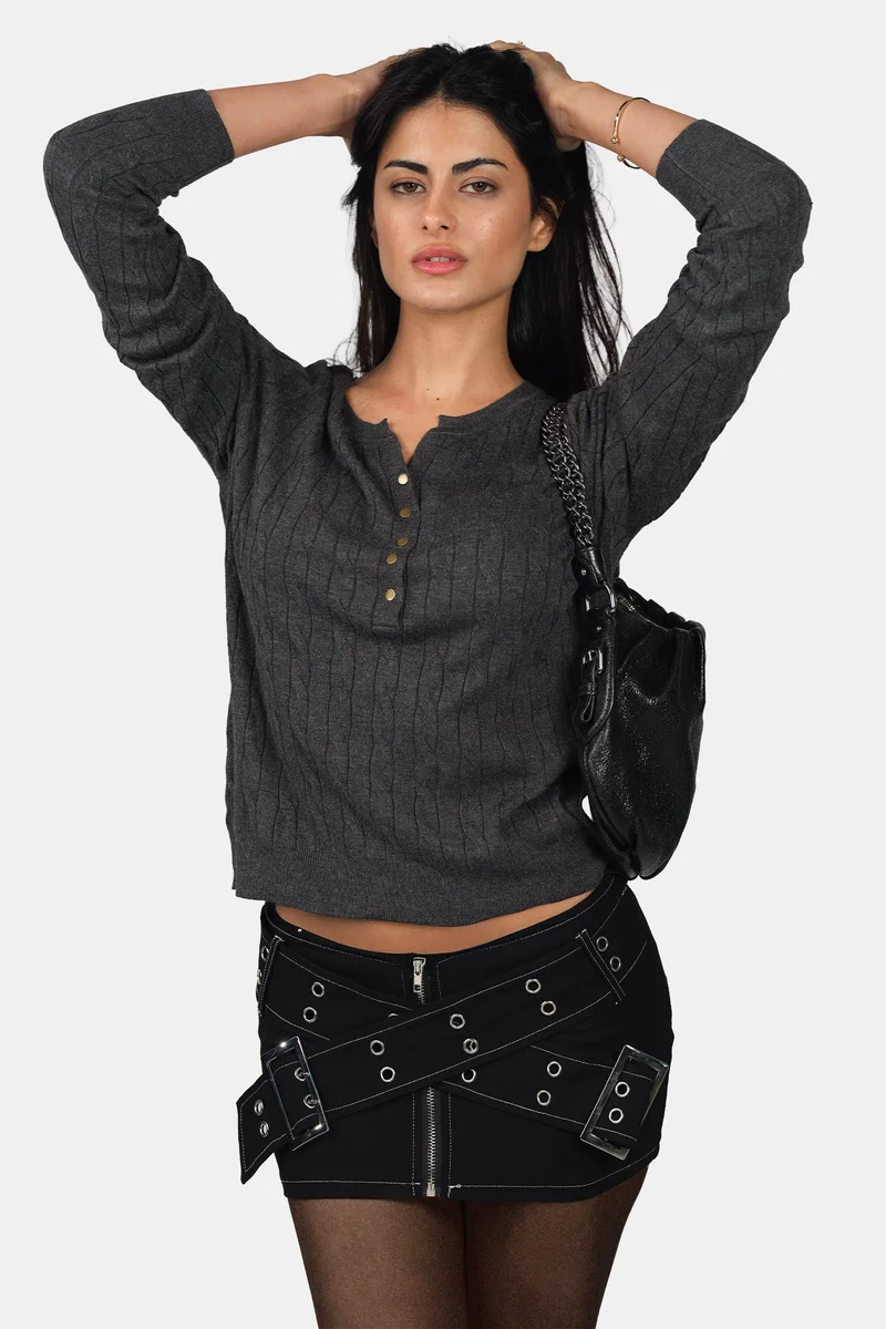 فيرجيو Self Design Viscose Henley Neck Cable Knit Top for Women