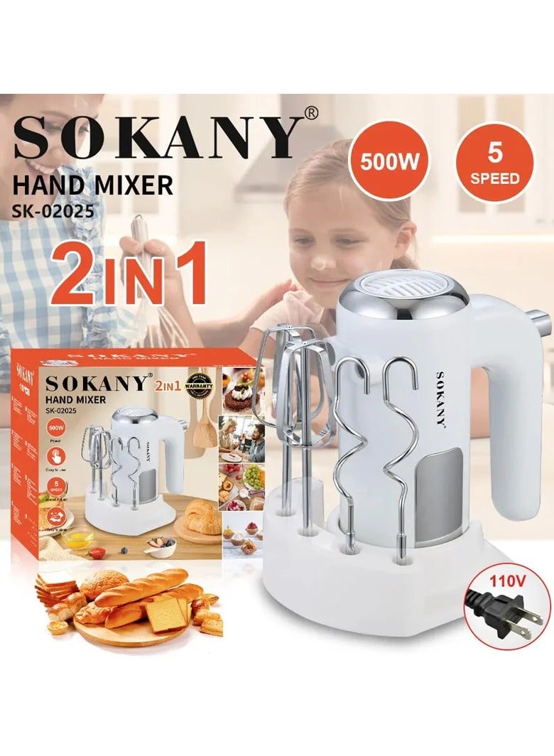 sokany SOKANY SK-02025 2-in-1 Multi-Purpose Electric Hand Mixer - 500W Blender and Kneader, 5 Variable Speeds, Ergonomic Design with Accessory Storage Base, Powerful Stainless Steel Blades for Whipping, Doughing, and Cake Making - (New and Advanced Technology from SOKANY) - White - Image 2