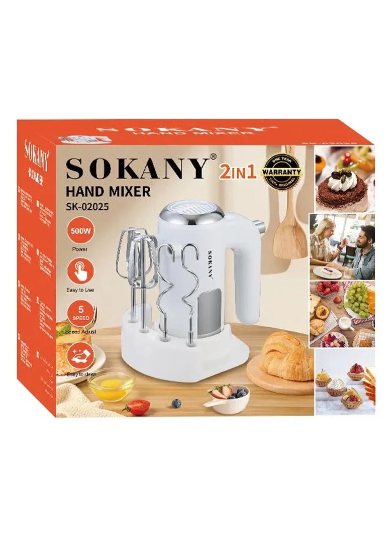 sokany SOKANY SK-02025 2-in-1 Multi-Purpose Electric Hand Mixer - 500W Blender and Kneader, 5 Variable Speeds, Ergonomic Design with Accessory Storage Base, Powerful Stainless Steel Blades for Whipping, Doughing, and Cake Making - (New and Advanced Technology from SOKANY) - White - Image 5