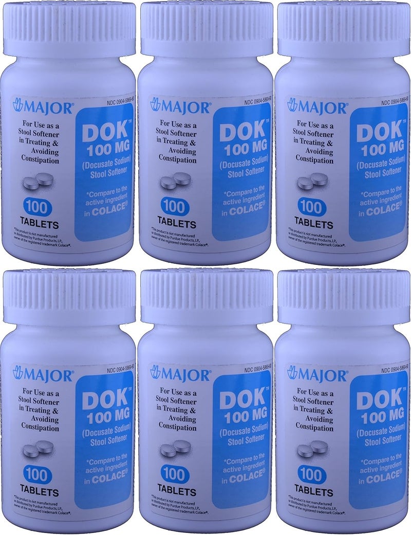 MAJOR Docucate Sodium 100 mg Crushable Tablets for Gentle, Reliable Relief from Occasional Constipation Generic for Colace Crushable 100 Tablets per Bottle Pack of 6 Bottles Total 600 Tablets