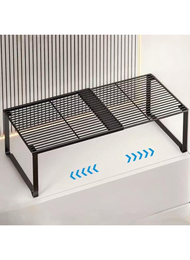 Retractable Metal Wire Storage Shelf, Adjustable Stackable Rack for Kitchen Cabinet, Bathroom, Shoes - Black - Image 1