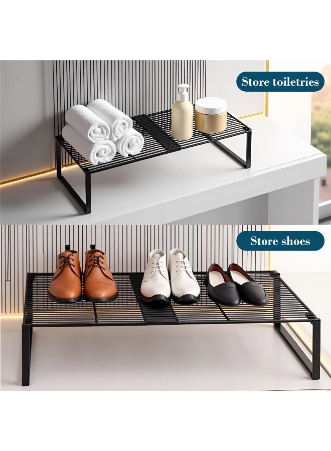 Retractable Metal Wire Storage Shelf, Adjustable Stackable Rack for Kitchen Cabinet, Bathroom, Shoes - Black - Image 3