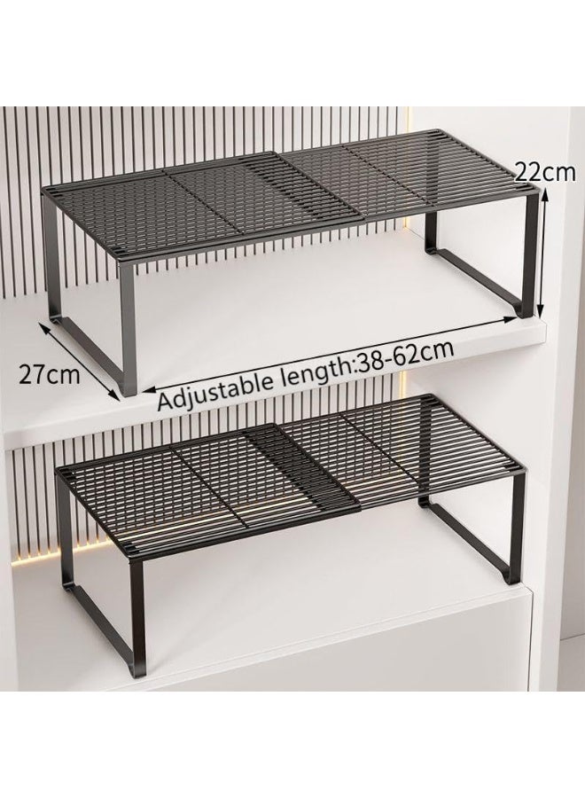 Retractable Metal Wire Storage Shelf, Adjustable Stackable Rack for Kitchen Cabinet, Bathroom, Shoes - Black - Image 2