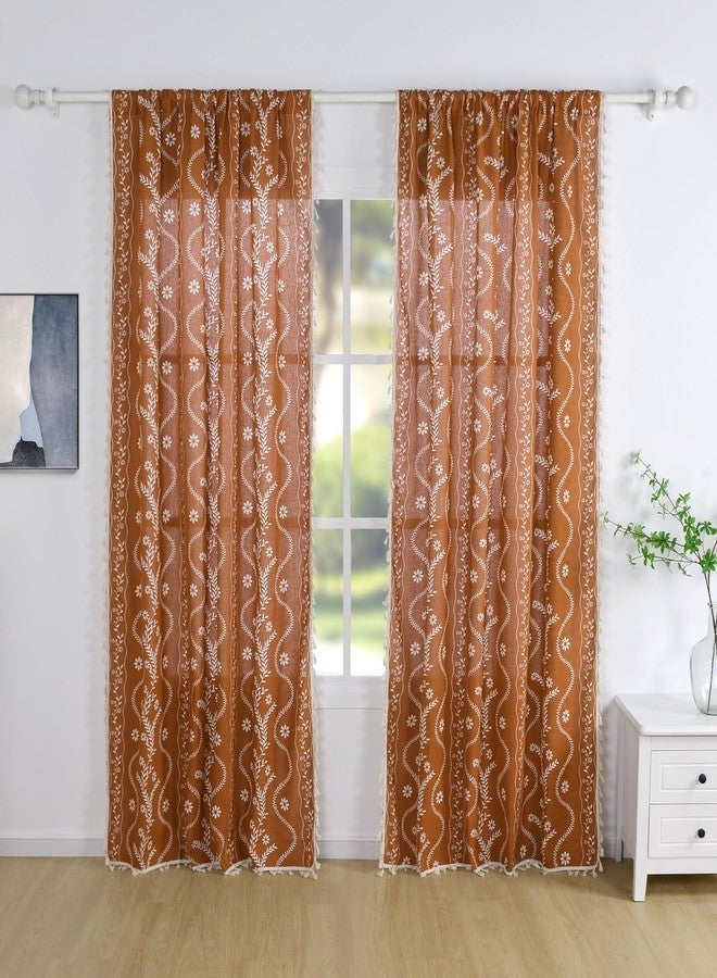 Schweek Rust Orange Boho Curtains 96 Inch Length Linen Curtains for Living Room 2 Panels, Vintage Farmhouse Printed Floral Rustic Curtain Drapes Terracotta - Image 2