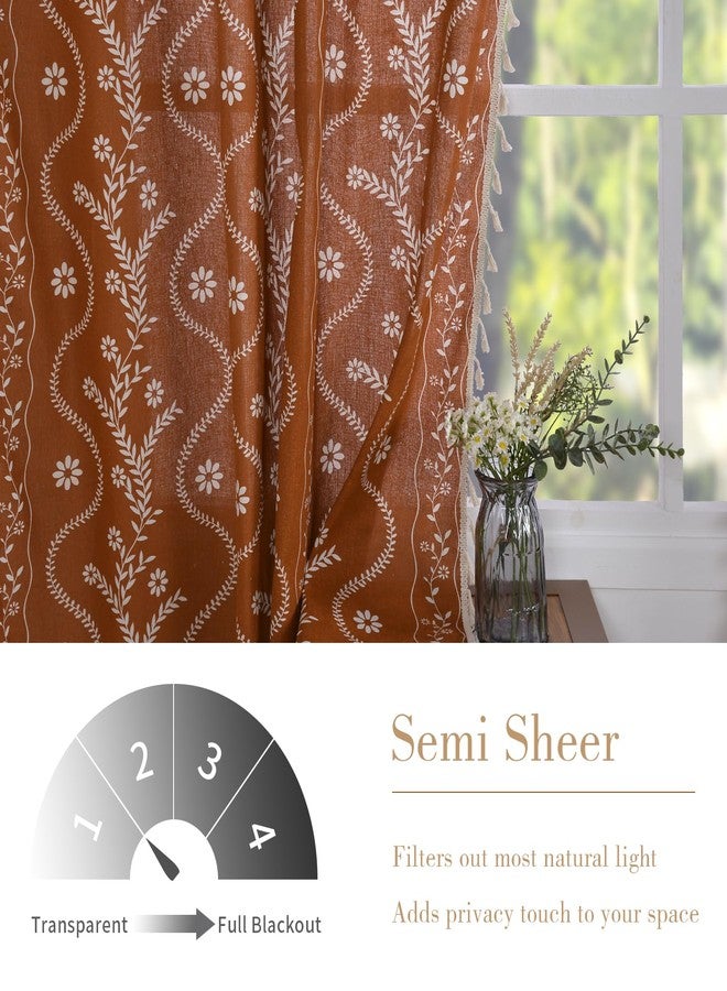 Schweek Rust Orange Boho Curtains 96 Inch Length Linen Curtains for Living Room 2 Panels, Vintage Farmhouse Printed Floral Rustic Curtain Drapes Terracotta - Image 3