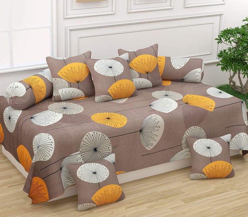 Laying Style Laying Style Pure Glace Cotton Designer Printed 8 Piece Diwan Set 1 Single Bedsheet 2 Bolster Covers 5 Cushion Covers Standard Brown Yellow  - Image 1