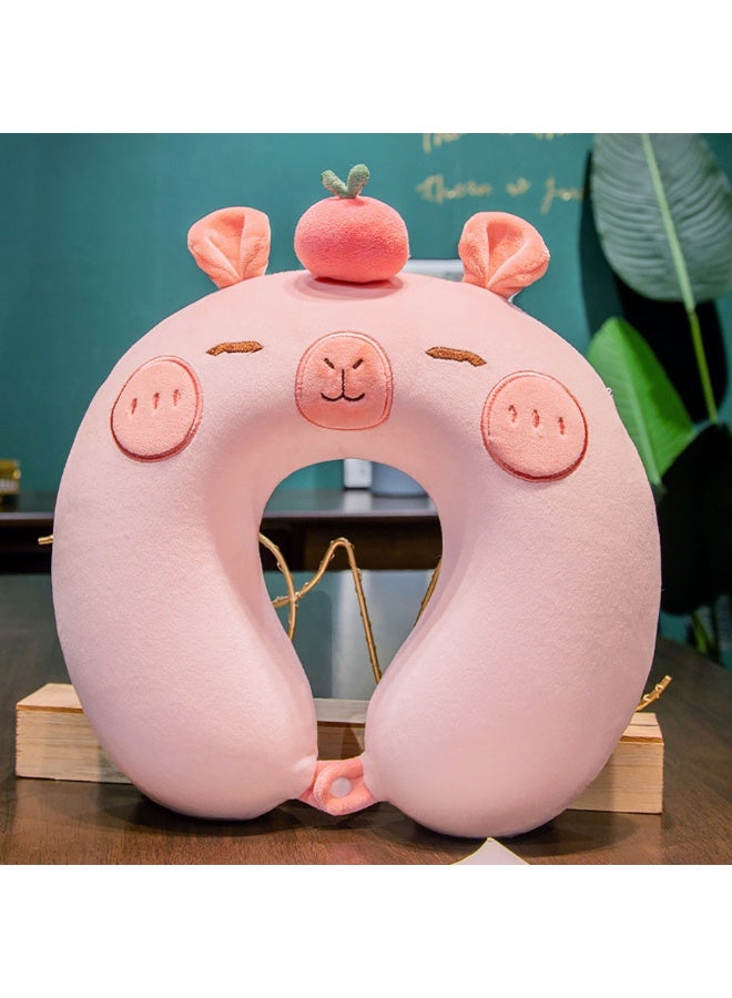 وسادة للسفر، وسادة رقبة ميموري فوم بتصميم حيوان لطيف بغطاء قابل للفصل لنوم الأطفال والكبار، وسادة كرتونية محمولة على شكل حرف U للسفر بالطائرة والسيارة (كابيبارا وردي) - Image 1