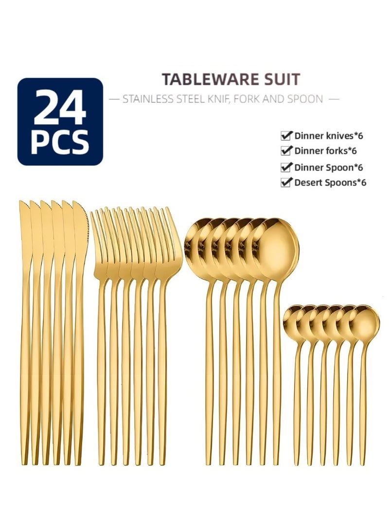 SISGL طقم أدوات مائدة من 24 قطعة، أدوات مائدة من الفولاذ المقاوم للصدأ لـ 6 أشخاص، أدوات تناول العشاء للمنزل والمطعم والحفلات، تشمل ملاعق وشوك وسكاكين وحواف مربعة وتشطيب مرآة، آمنة للغسالة الأطباق - Image 1