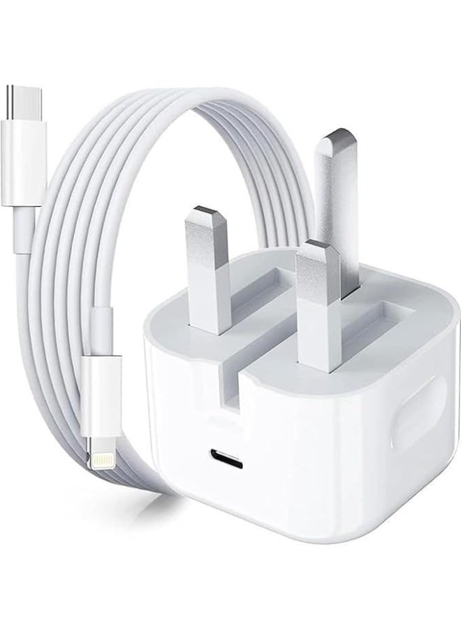 شاحن سريع USB-C بقوة 35 واط مع كابل USB-C إلى Lightning بطول متر واحد، شاحن حائط بتقنية PD (ثلاثي الأطراف بنمط المملكة المتحدة)، محول طاقة فائق السرعة متوافق مع سلسلة iPhone 16/15/14/13/12/11 وأجهزة iPad وAirPods – لون أبيض - Image 1
