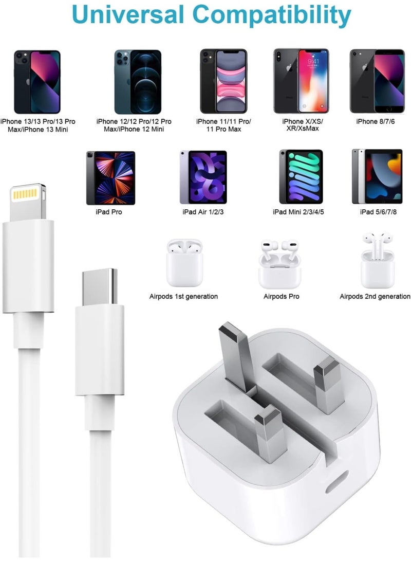 شاحن سريع USB-C بقوة 35 واط مع كابل USB-C إلى Lightning بطول متر واحد، شاحن حائط بتقنية PD (ثلاثي الأطراف بنمط المملكة المتحدة)، محول طاقة فائق السرعة متوافق مع سلسلة iPhone 16/15/14/13/12/11 وأجهزة iPad وAirPods – لون أبيض - Image 3