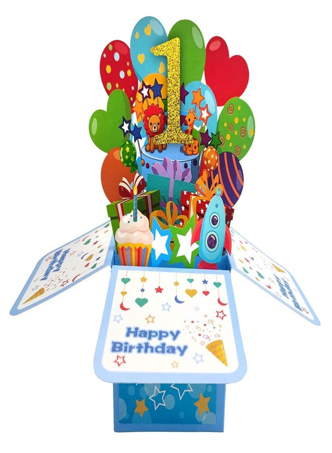 ZOOYOO Happy 1st Birthday Card,3D Pop Up First Birthday Greeting Card for Baby Boy,Son,Grandson,Nephew with 1 Envelop,1 Message Card(Blue) - Image 1