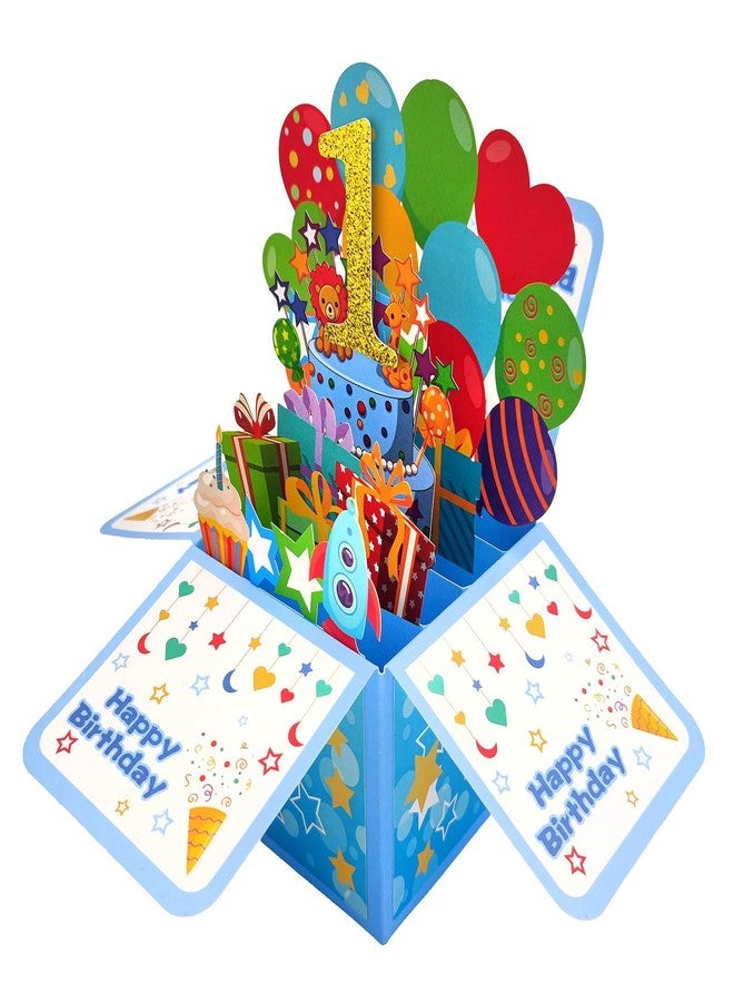 ZOOYOO Happy 1st Birthday Card,3D Pop Up First Birthday Greeting Card for Baby Boy,Son,Grandson,Nephew with 1 Envelop,1 Message Card(Blue) - Image 2