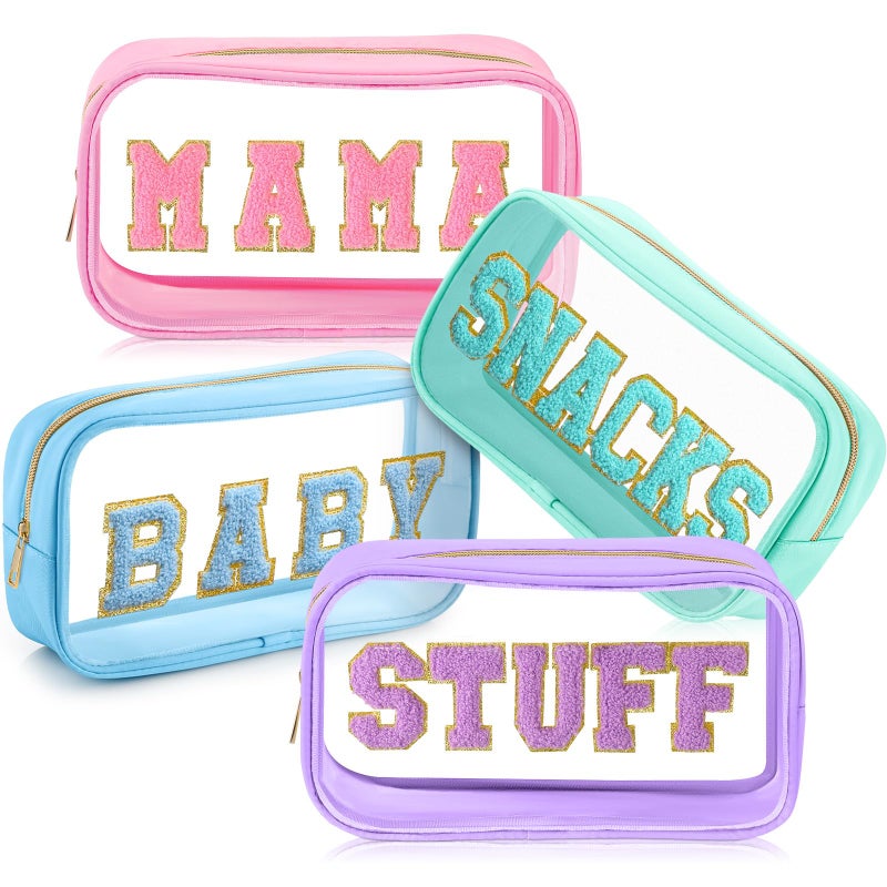 SilTriangle 4 Pcs Mama and Baby Toiletry Bag Clear Chenille Letter Diaper Bag Pouch Snacks Makeup Stuff Travel Preppy Transparent Pouch with Zipper for Women GiftPastel Color - Image 2