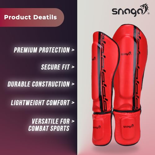 Snaga MMA Shin Guard, Leather Shin Guard Pads with High-Density Foam Padding for MMA, Karate, Taekwondo, Kick Boxing & Other Martial Arts (Red-Black) - Image 2