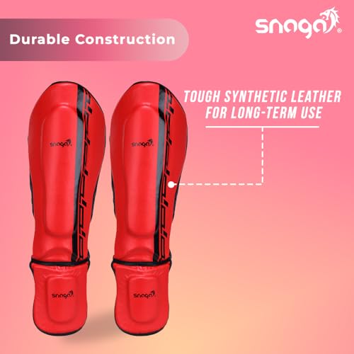 Snaga MMA Shin Guard, Leather Shin Guard Pads with High-Density Foam Padding for MMA, Karate, Taekwondo, Kick Boxing & Other Martial Arts (Red-Black) - Image 3