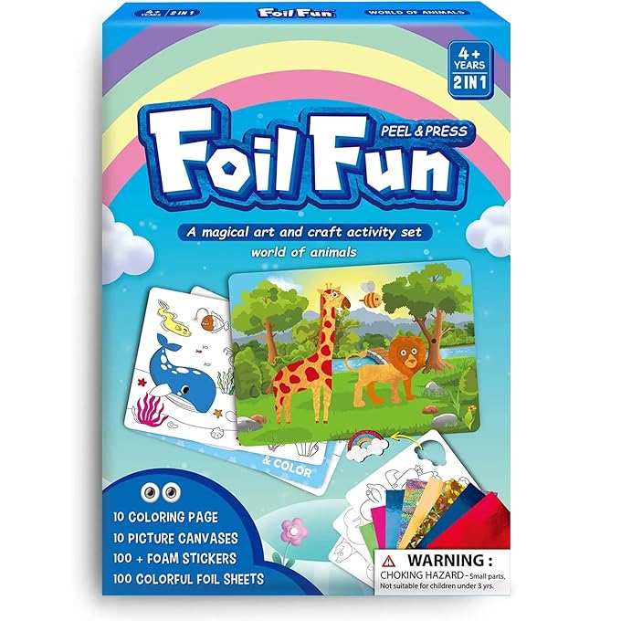 Foil Fun Peel & Press Art and Craft Activity Set - World of Animals | 10 Coloring Pages, 10 Picture Canvases, 100+ Foam Stickers & 100 Colorful Foil Sheets | Craft Kit for Kids Ages 4+